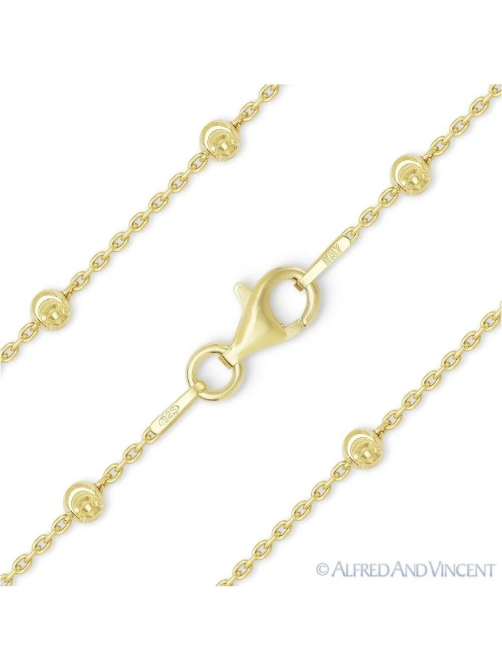 3mm Moon-Cut Bead & 1mm Anchor Chain Necklace in .925 Sterling Silver YGold 30"